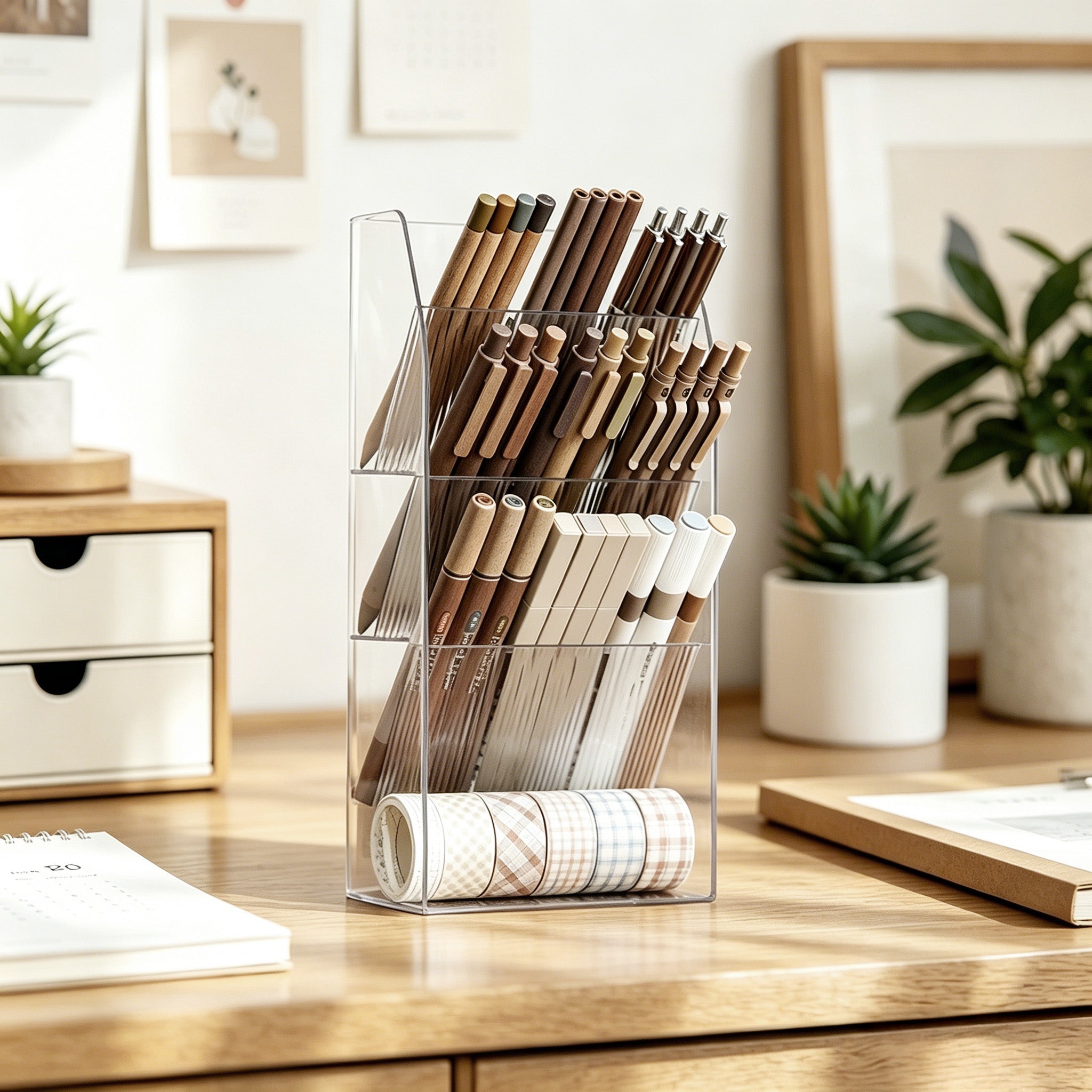 Minimalist Acrylic Desk Organizer - 4-Tier Slanted Pen Holder & Washi Tape Station for Cozy Aesthetic Workspaces | Paws2q