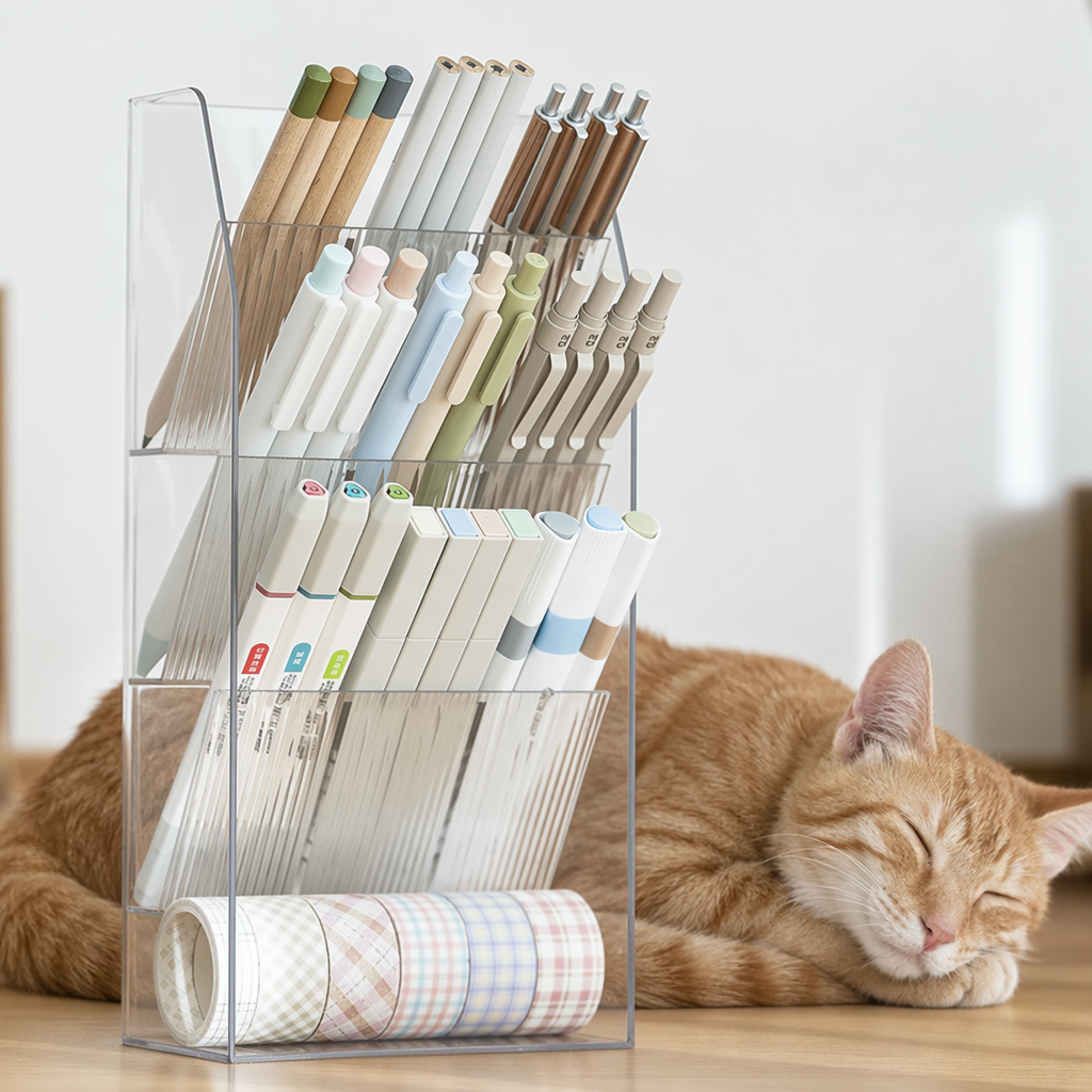 Minimalist Acrylic Desk Organizer - 4-Tier Slanted Pen Holder & Washi Tape Station for Cozy Aesthetic Workspaces | Paws2q