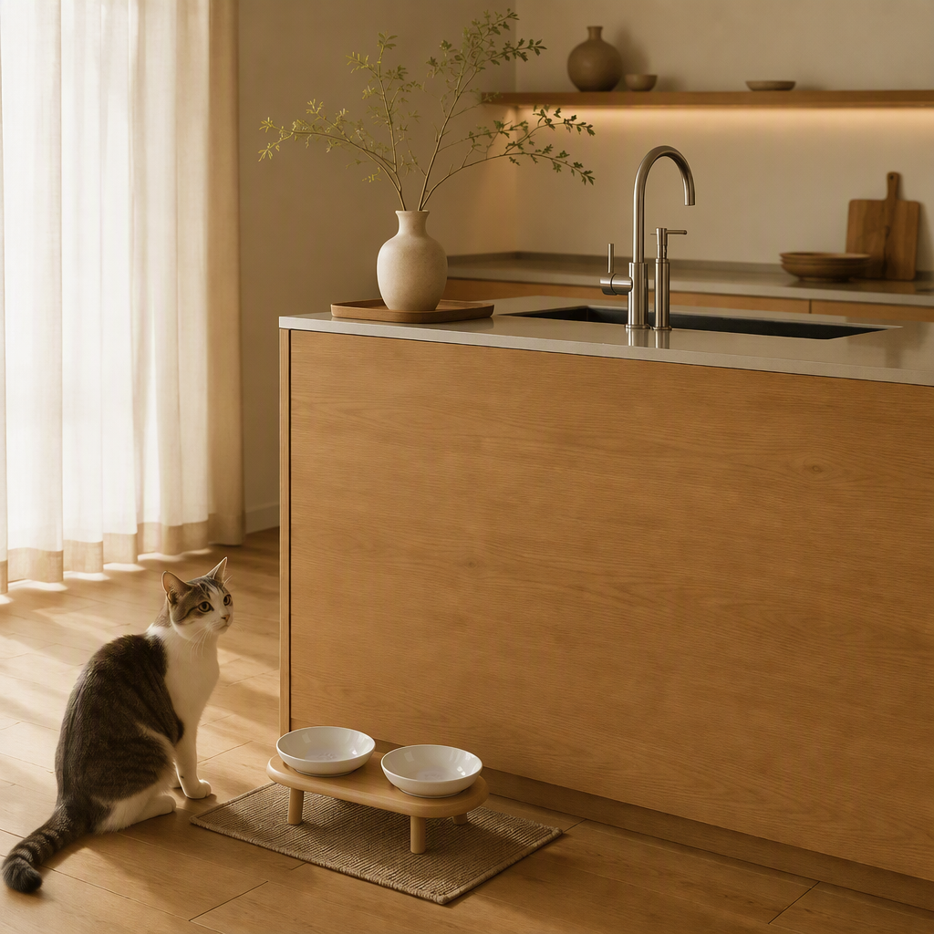 Minimalist Elevated Cat Bowl Set - Ceramic Raised Cat Food & Water Dishes with Natural Bamboo Stand for Modern Homes |   Paws2q